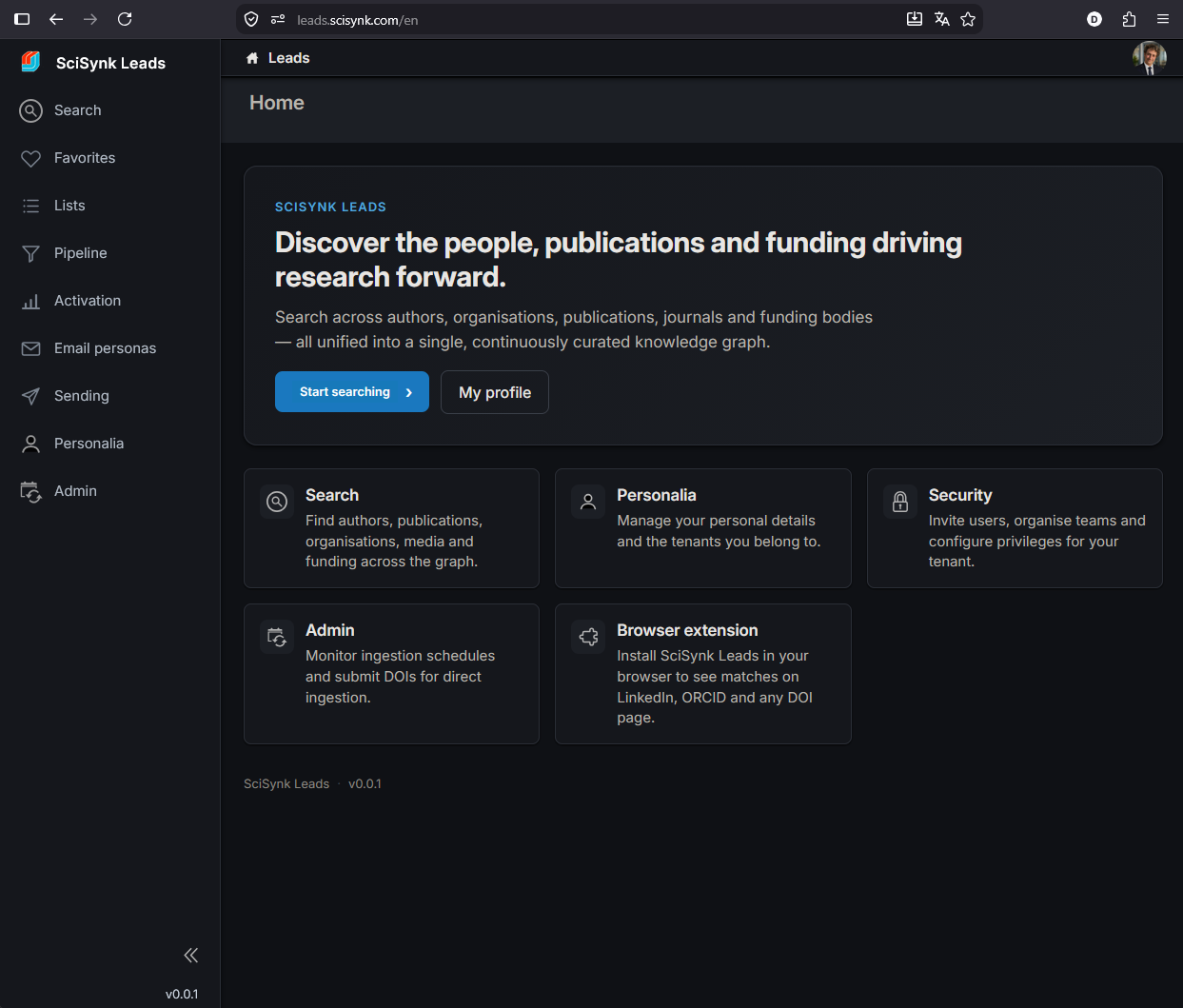 The SciSynk Leads app showing search, favourites, lists, pipeline, activation and email tools.